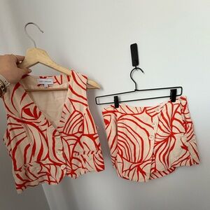 Lost + Wander Cream and Red Printed Two-Piece Set (Vest & Skirt)